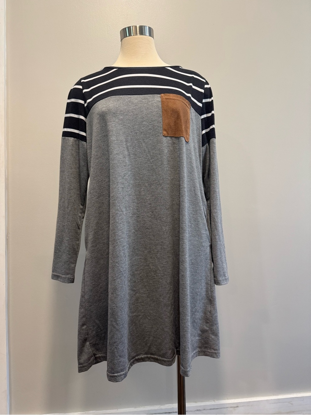Gray Tunic Dress with Brown Pocket and striped top detail and pockets